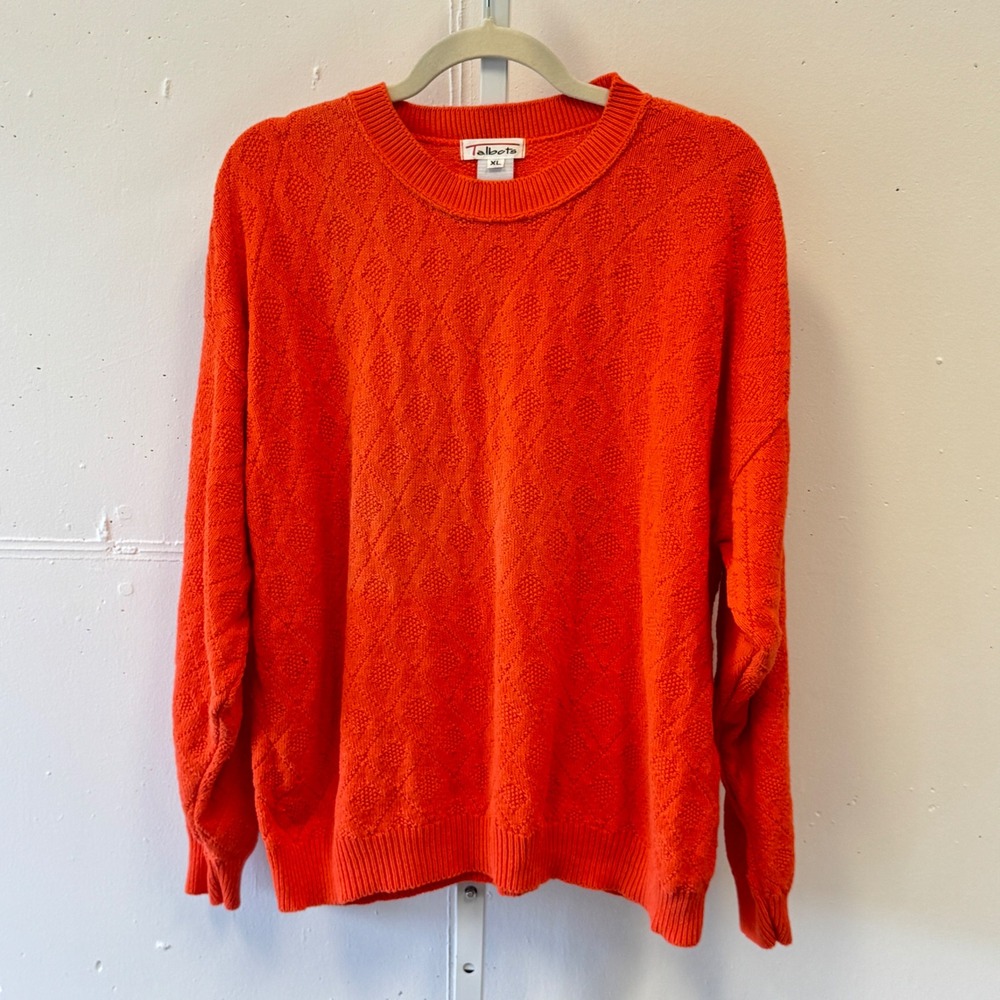 Vintage Talbots Orange Diamond Knit Cotton Crewneck Sweater Women's XL Casual